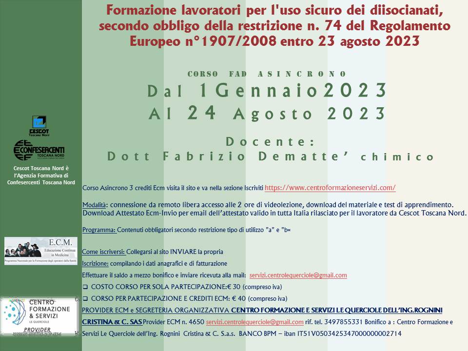 Course Image Formazione lavoratori per l'uso sicuro dei diisocianati, secondo obbligo della restrizione n. 74 del Regolamento Europeo n°1907/2008 entro 23 agosto 2023