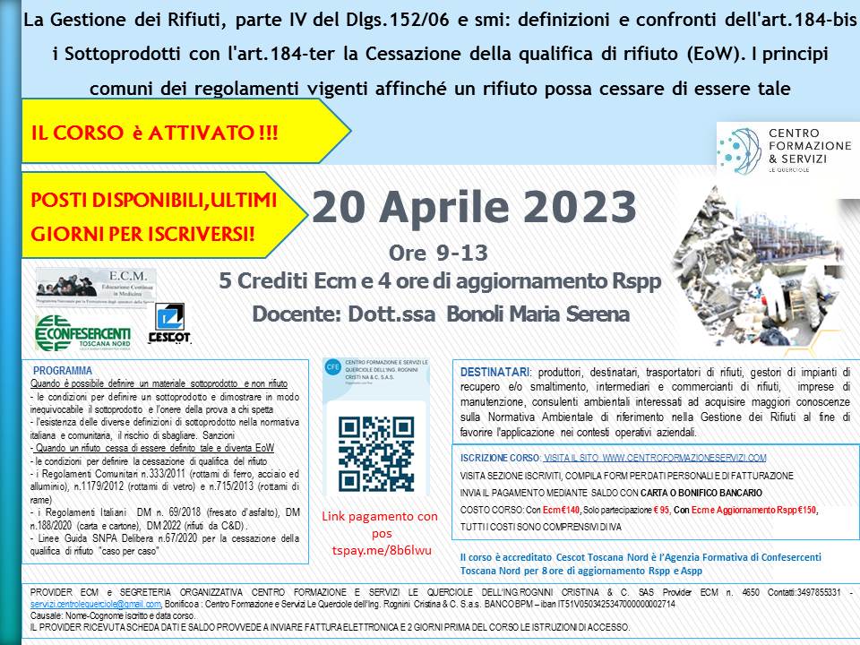 Course Image La Gestione dei Rifiuti, parte IV del Dlgs.152/06 e smi: definizioni e confronti dell'art.184-bis i Sottoprodotti con l'art.184-ter la Cessazione della qualifica di rifiuto (EoW). I principi comuni dei regolamenti vigenti affinché un rifiuto possa cessar