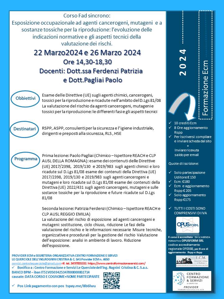 Course Image Esposizione occupazionale ad agenti cancerogeni, mutageni  e a sostanze tossiche per la riproduzione: l’evoluzione delle indicazioni normative e gli aspetti tecnici della  valutazione dei rischi.