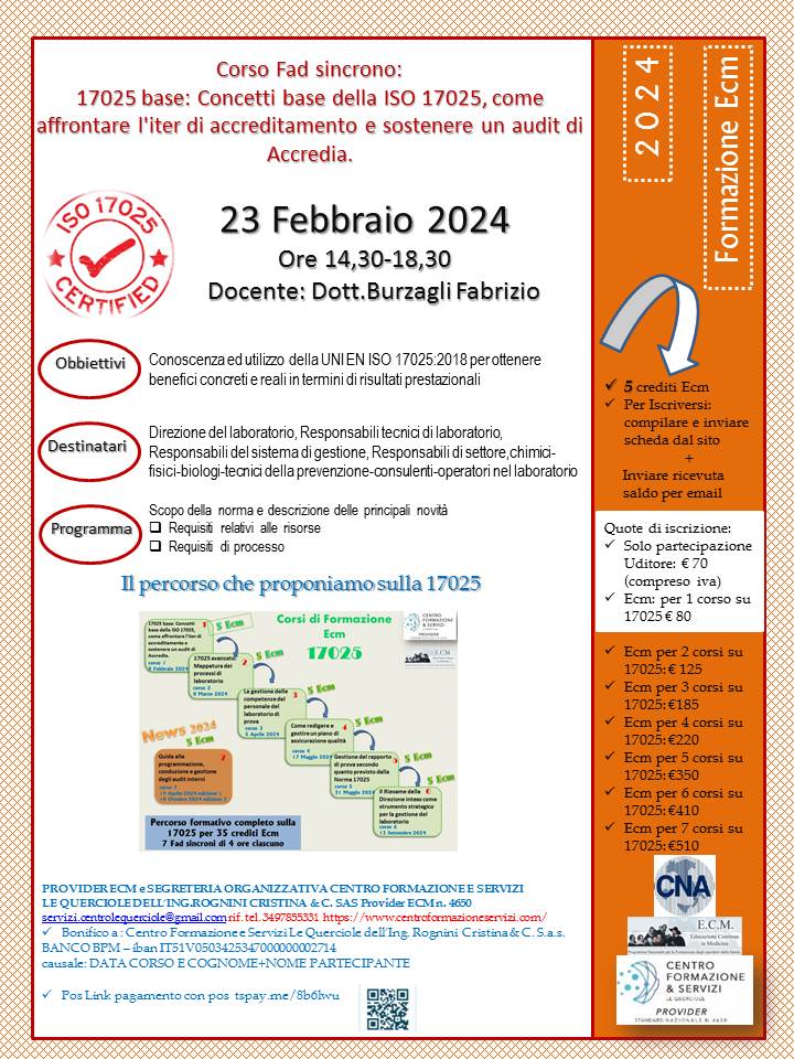 Course Image Corso Fad sincrono: 17025 base: Concetti base della ISO 17025, come affrontare l'iter di accreditamento e sostenere un audit di Accredia.