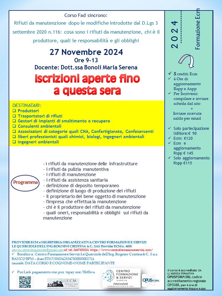 Course Image Rifiuti da manutenzione dopo le modifiche introdotte dal D.Lgs 3 settembre 2020 n.116: cosa sono i rifiuti da manutenzione, chi è il produttore, quali le responsabilità e gli obblighi