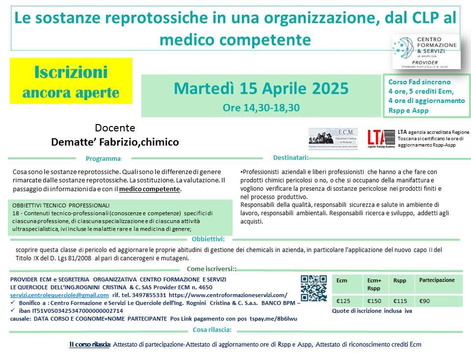 Course Image Le sostanze reprotossiche in una organizzazione, dal CLP al medico competente