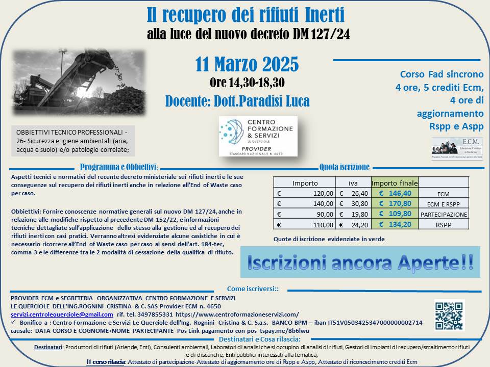 Course Image Il recupero dei rifiuti Inerti  alla luce del nuovo decreto DM 127/24 