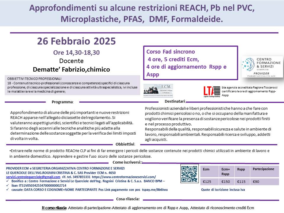 Course Image Approfondimenti su alcune restrizioni REACH, Pb nel PVC,  Microplastiche, PFAS,  DMF, Formaldeide.